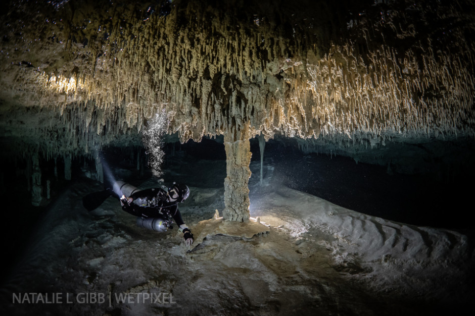 My favorite photo yet! Hana Cho floats beneath delicate soda straw formations at Cenote Nohoch Nah Chich.
