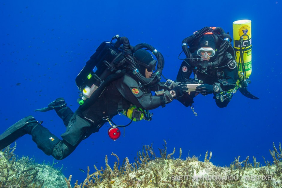 Technical divers Phil Short and Alexandros Sotiriou on deco at the end of a three hour dive