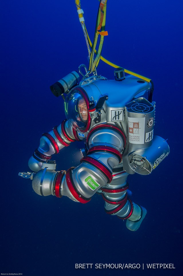 Woods Hole Oceanographic Institution Diving Safety Officer Ed O’Brian pilots the Exosuit at the Antikythera site.