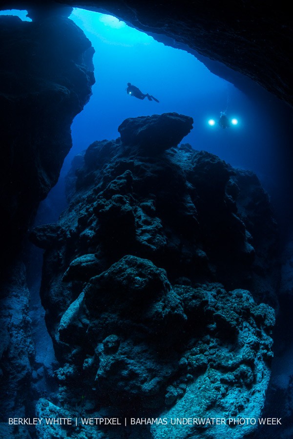 Divers in the Blue Hole of Andros, Bahamas