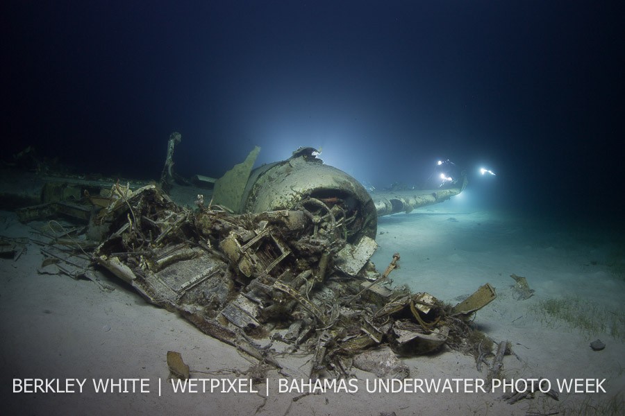 Off-camera lighting gives an ghostly effect on a wrecked aeroplane off the Exumas, Bahamas.