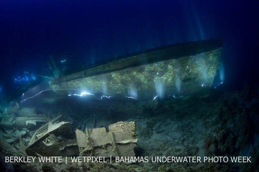 Off-camera lighting gives an ghostly effect on a wreck off the Exumas, Bahamas.