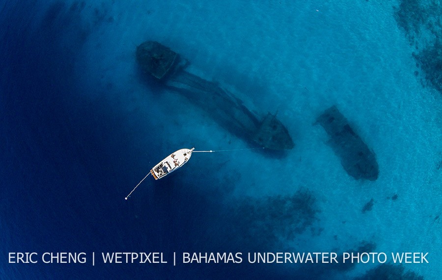 Aerial image of Ray of Hope shipwreck and Big Crab shipwreck from the air. Nassau, New Providence, Bahamas.