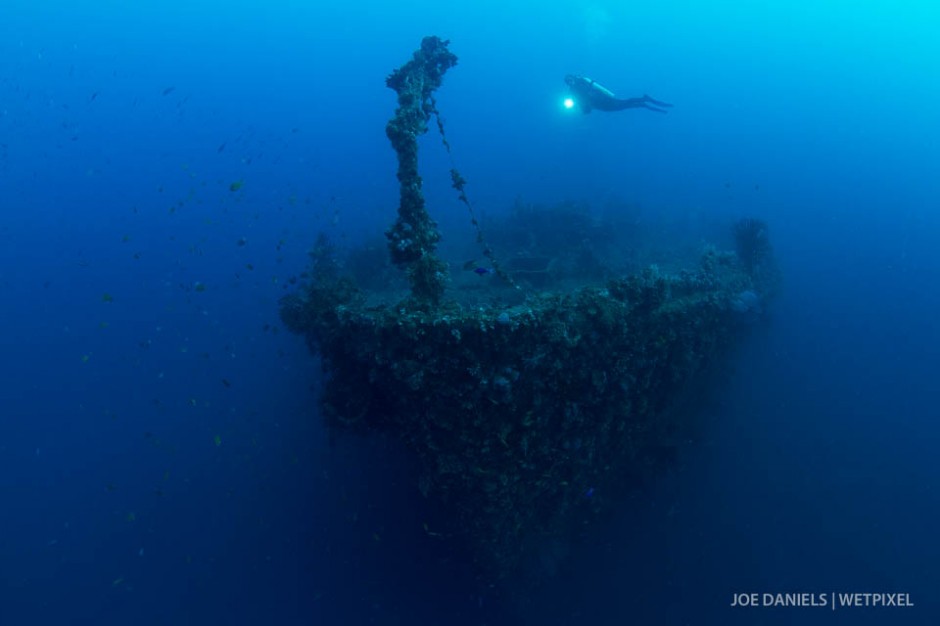 A diver checking out the bow of The Duke of Sparta wreck.