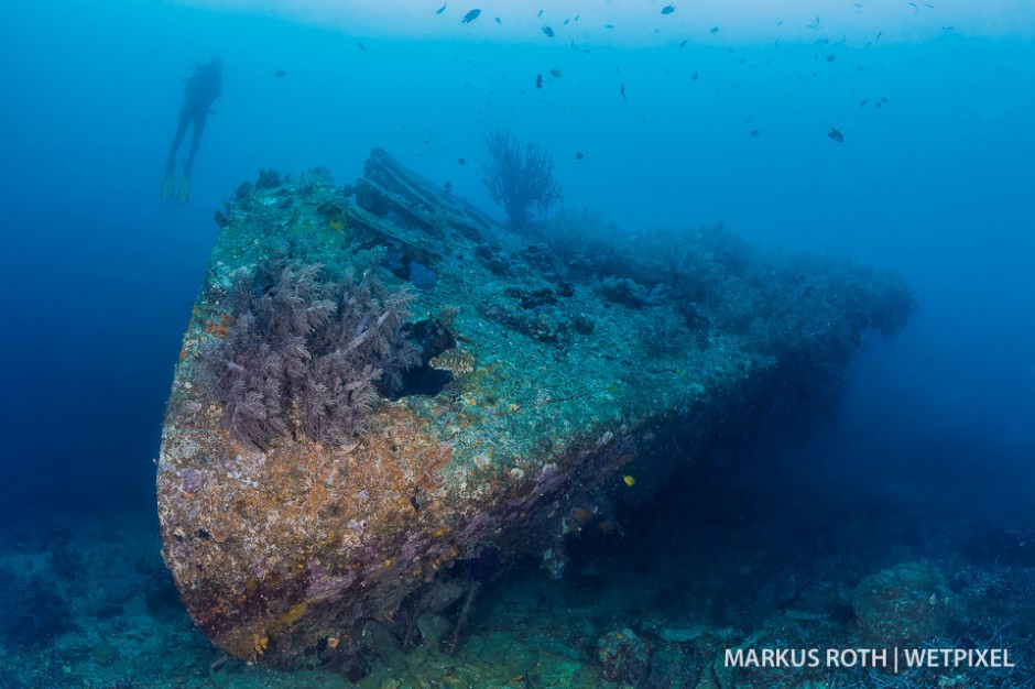 Diver exploring the Pillbox wreck in Manokwari.