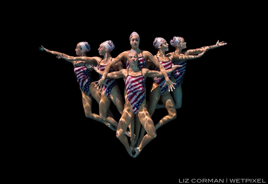 2016 US National Synchronized Swim Team. L-R Alison Williams, Claire Barton, Mariya Koroleva, Anita Alvarez, Sarah Rodriguez, Phoebe Coffin. Inspiration: An American Eagle.