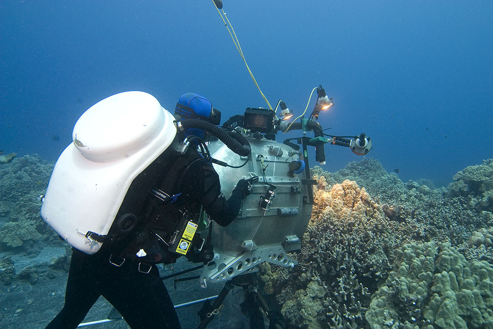 Howard Hall and crew with IMAX 3D camera during making of Deep Sea 3D in Hawaii