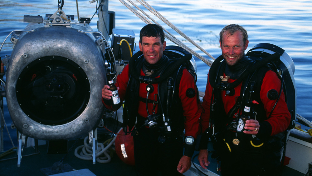 Bob Cranston and Howard Hall with an underwater IMAX camera